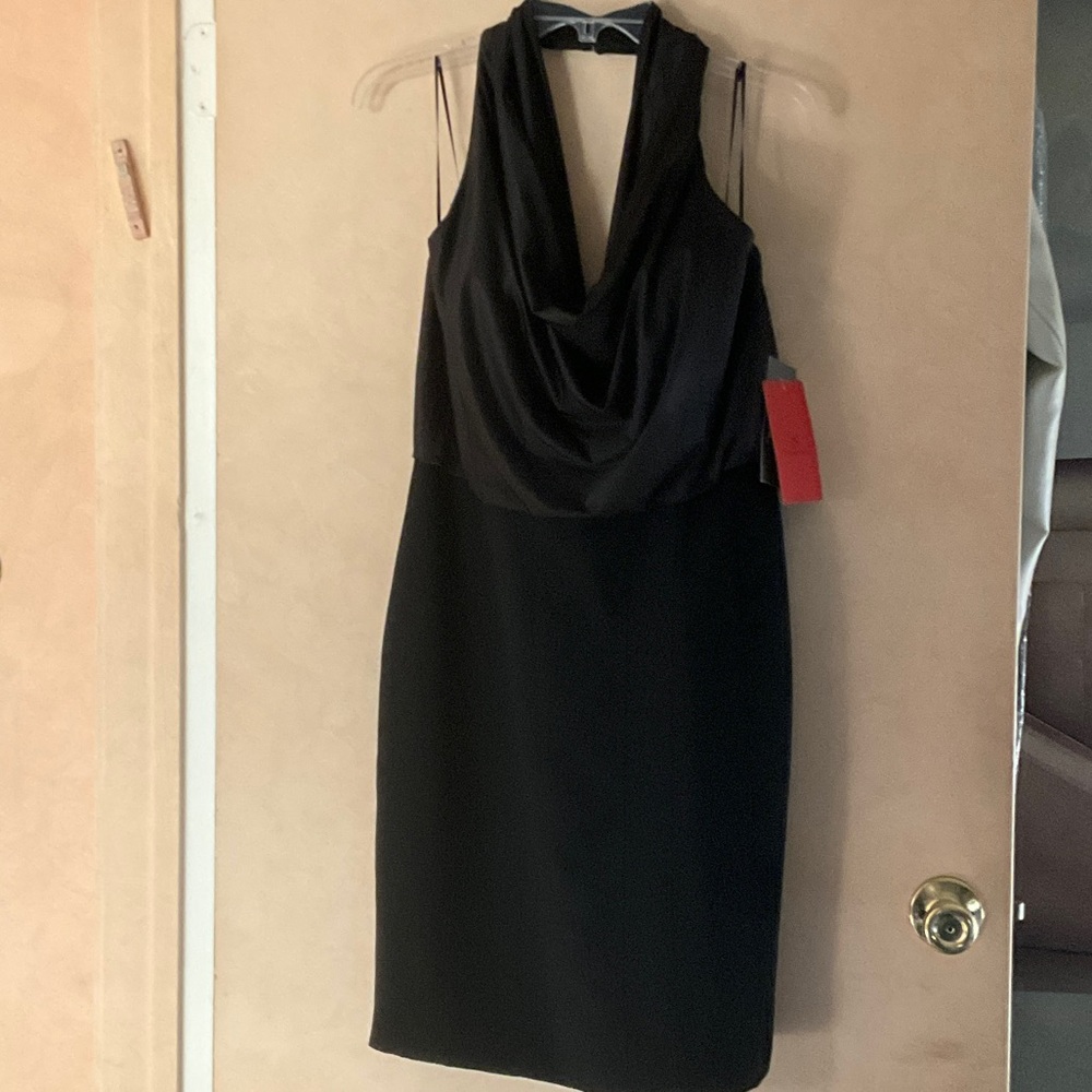 Classic Halter Style Black Cowl Neck Sheath Cocktail Dress, Size 10